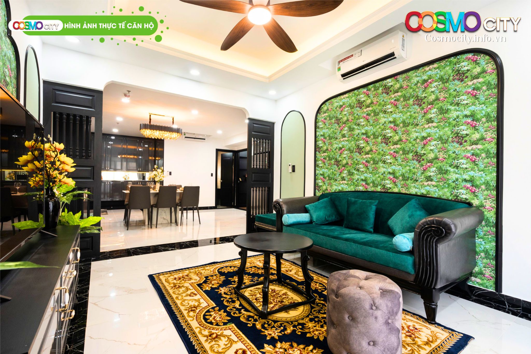 Hình ảnh thực tế không gian phòng khách rộng rãi tại căn hộ Cosmo City.