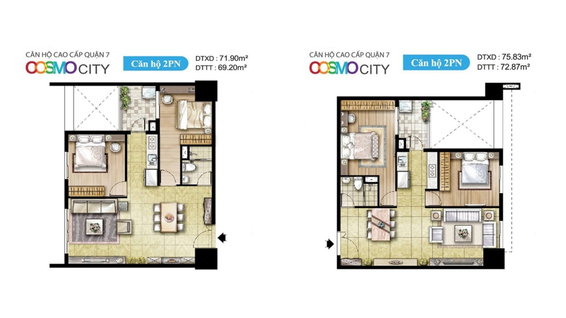 Layout mặt bằng chi tiết căn hộ Cosmo City 2 phòng ngủ.