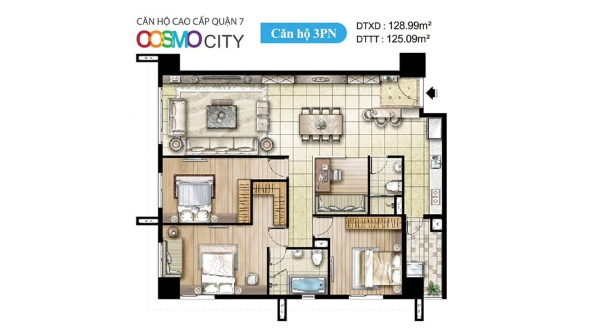 Layout mặt bằng căn hộ Cosmo City 3 phòng ngủ diện tích 129m².