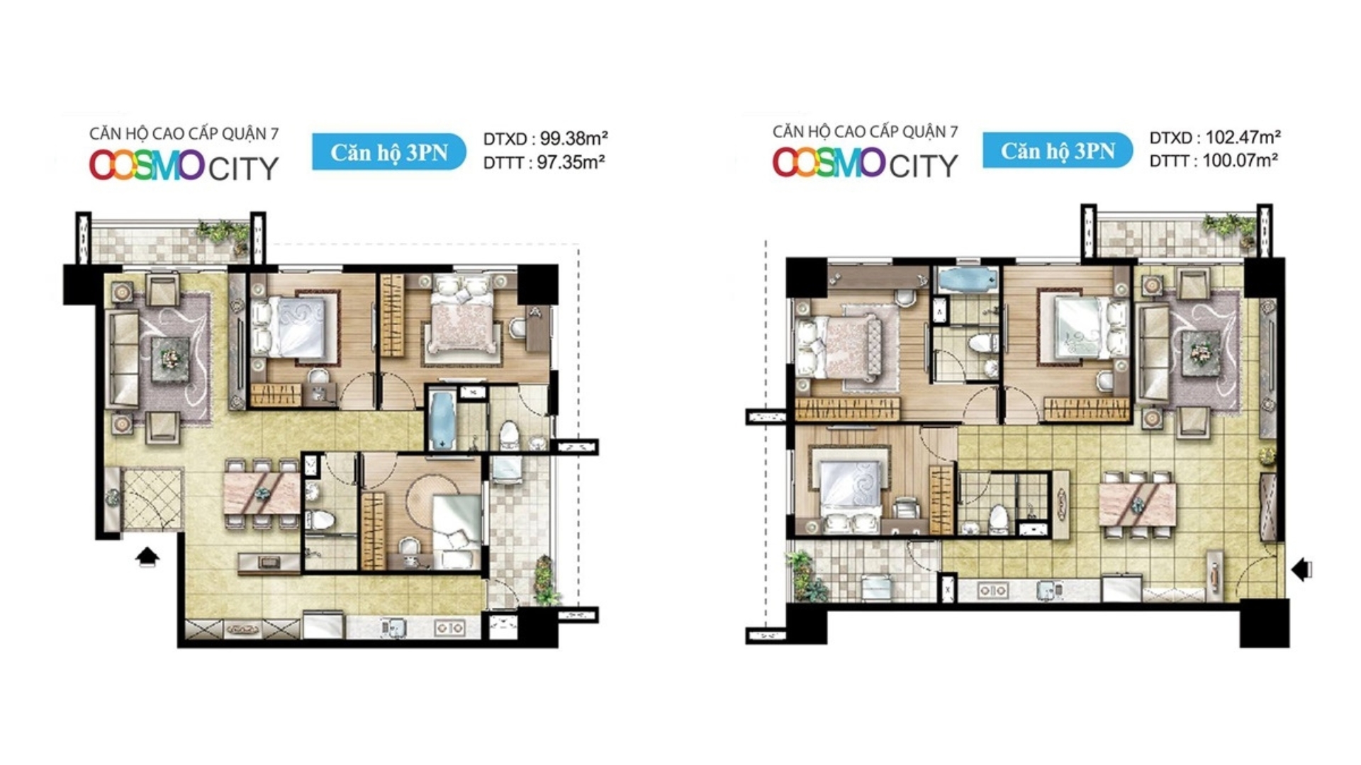 Mẫu layout mặt bằng căn hộ Cosmo City 3 phòng ngủ.
