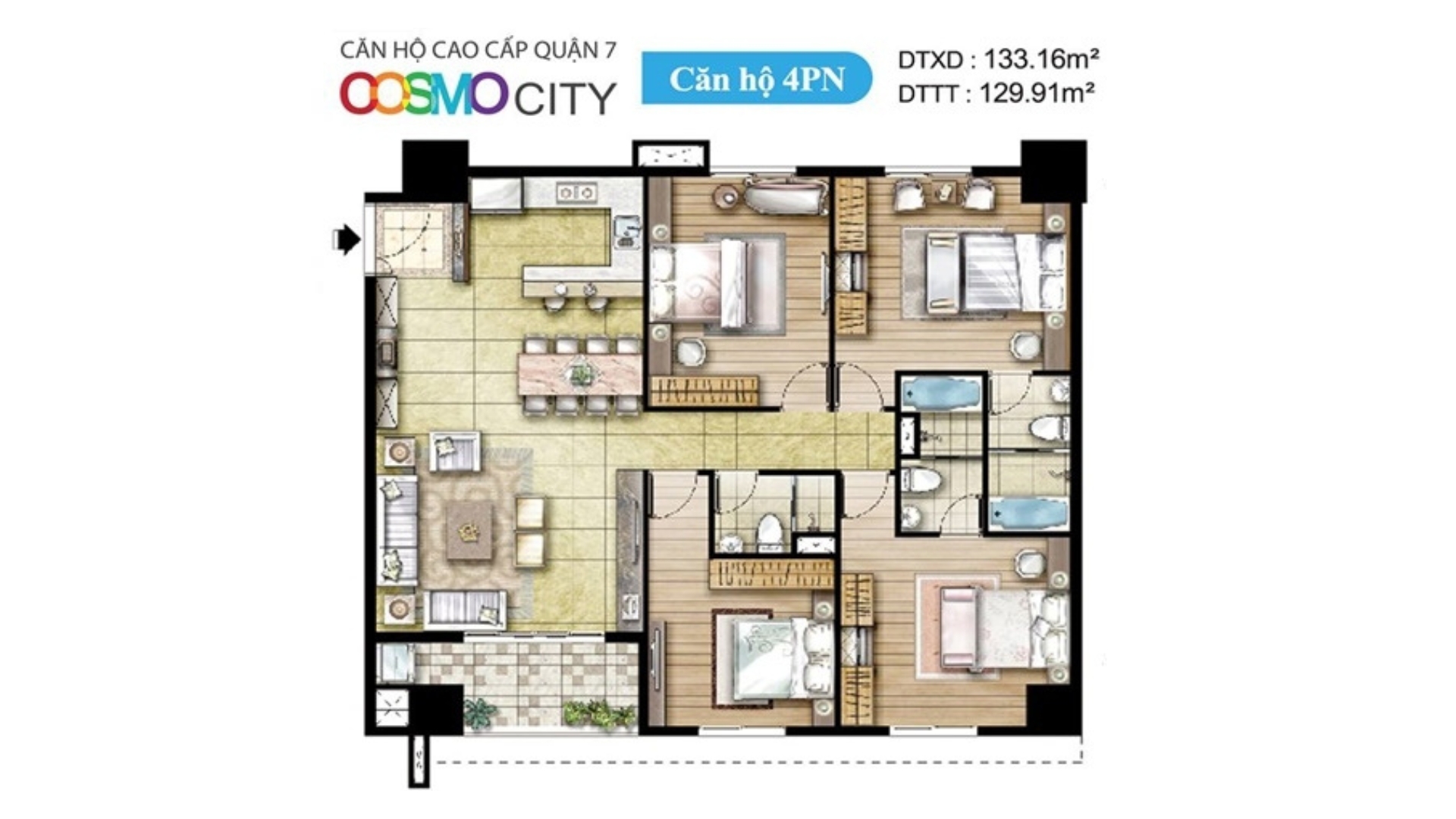 Layout mặt bằng căn hộ Cosmo City 4 phòng ngủ diện tích 133m².